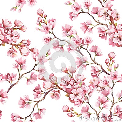 Seamless pattern with cherry blossoms. Watercolor illustration. Cartoon Illustration