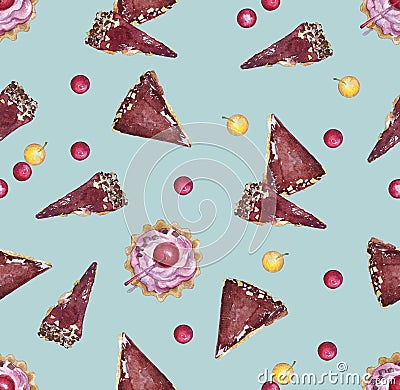 Seamless pattern with cherry and slices of cake Stock Photo