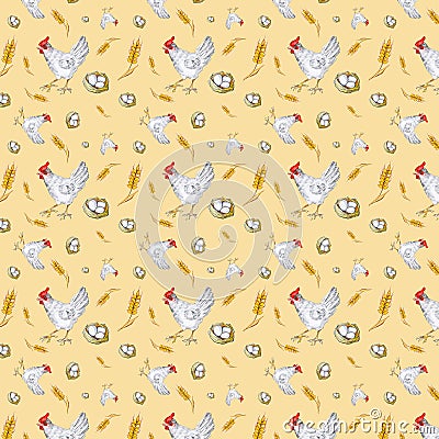Seamless pattern of a chicken, chicken egg in a basket and a wheat ear. Watercolor illustration isolated on yellow background Cartoon Illustration