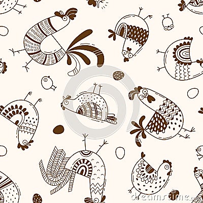 Seamless pattern with chickens, roosters, eggs in cartoon style, line art. Background for design cover product packaging Vector Illustration