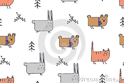 Seamless pattern, childish animals illustration. Cute cat, funny bear, rabbit on white. Kawaii cartoon character. Baby Vector Illustration