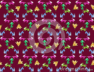 Seamless pattern with childish animals and lily flowers Stock Photo