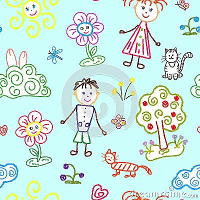 Seamless pattern, children`s drawings with a pencil and chalk on a blue background. Children boy and girl, sun and clouds, cats Vector Illustration