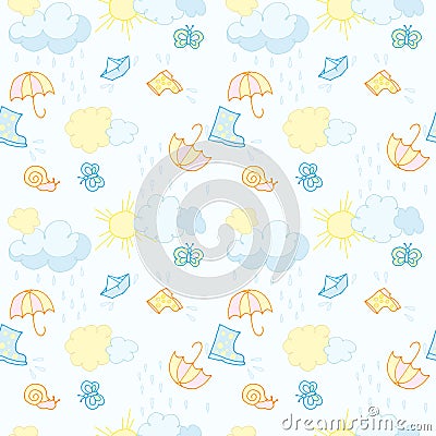 Seamless pattern on a children`s theme, clouds with raindrops, the sun and a boat on a light background Vector Illustration