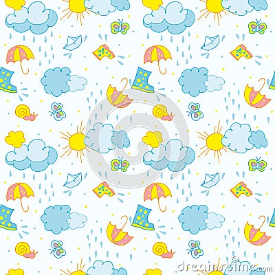 seamless pattern on a children`s theme, clouds with raindrops, the sun and a boat on a light background Vector Illustration