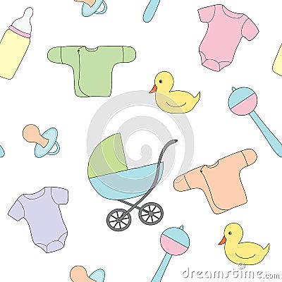 Seamless pattern from children`s things. A carriage, toys and clothes for the kid. Vector drawing. Vector Illustration