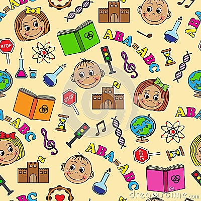 Seamless pattern with children and school symbols Vector Illustration