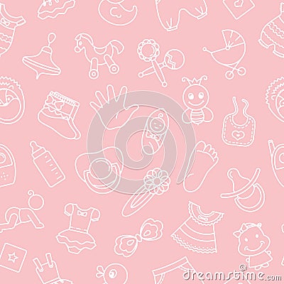 Seamless pattern of children toys and various children elements in pink. Vector Illustration