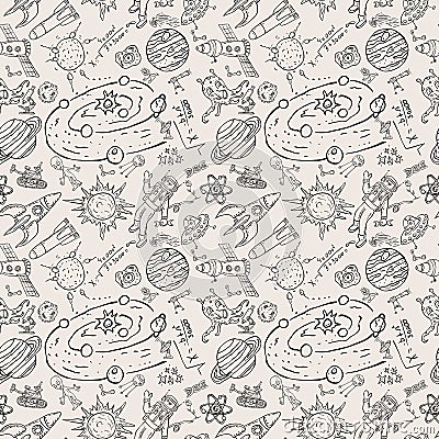 Seamless pattern childrens_8_drawings on space theme, science and the appearance of life on earth, Doodle style Vector Illustration