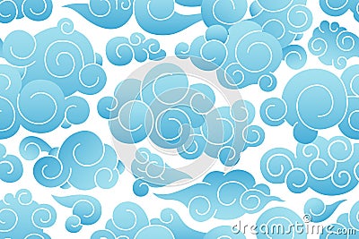 Seamless pattern of Chinese cloudy sky with curly blue clouds. Repeatable Japanese texture with sea foam. Endless Cartoon Illustration