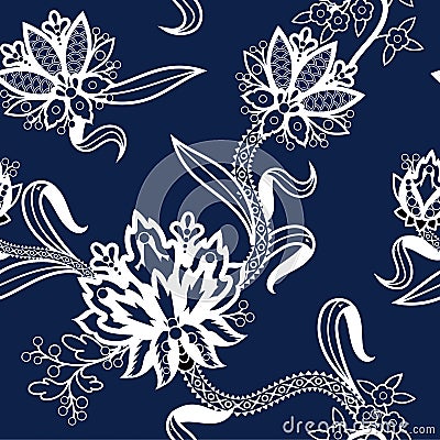 Seamless pattern with Chinese white flowers on blue background. Vector. Vector Illustration