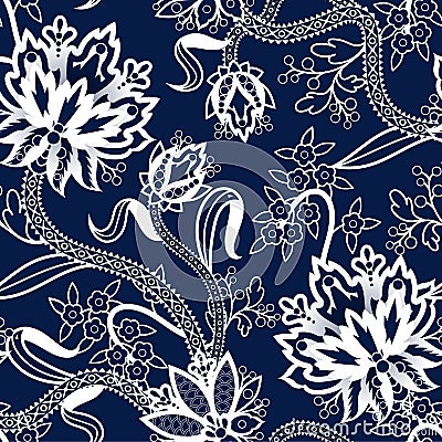 Seamless pattern with Chinese white flowers on blue background. Vector. Vector Illustration