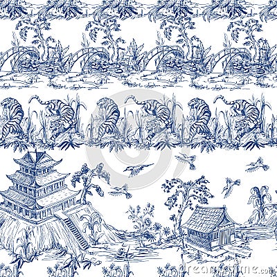 Seamless pattern in chinoiserie style for fabric or interior design. Vector Illustration