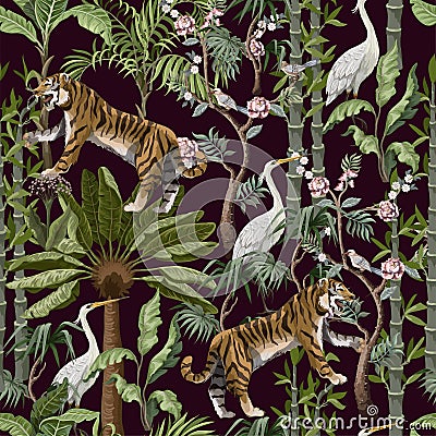 Seamless pattern in chinoiserie style with tiger, heron and jungle trees. Vector Illustration