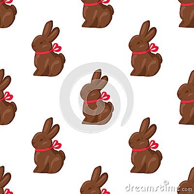 Seamless Pattern Chocolate Bunny with Pink Ribbon Vector Illustration