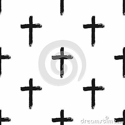 Seamless pattern with christian crosses painted with a rough brush. Sketch, grunge, ink. Religious print. Vector Illustration
