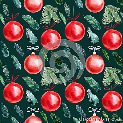 Seamless pattern. Christmas background, red balls, spruce branches, bows, watercolor illustration. Cartoon Illustration