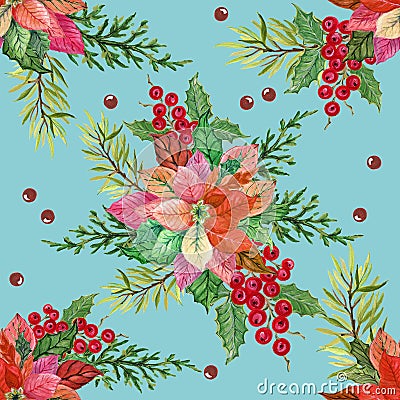 Seamless pattern with Christmas botanical plants, flowers nature and toy doll cute Stock Photo