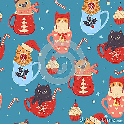 Seamless pattern with Christmas cats in mugs. Vector graphics Stock Photo