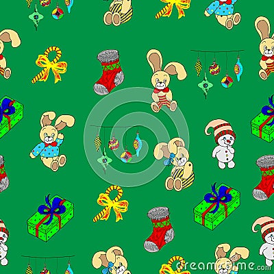 Seamless pattern with Christmas characters and decorations on a green background. Stock Photo