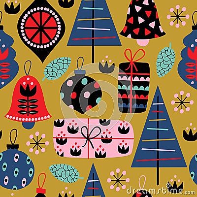 Seamless pattern with christmas decorations on golden background Vector Illustration