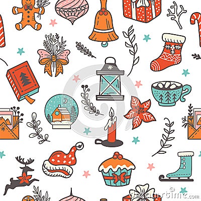 Seamless pattern with Christmas elements in doodle style vector Vector Illustration