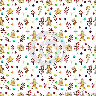 Seamless pattern of Christmas elements. Holiday ornamental decorations for the happy new year. Watercolour illustration. Cartoon Illustration