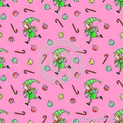 Seamless pattern with Christmas elfes girls, candy cane, sweets, tree balls. New year Xmas backgrounds and textures. For greeting Stock Photo