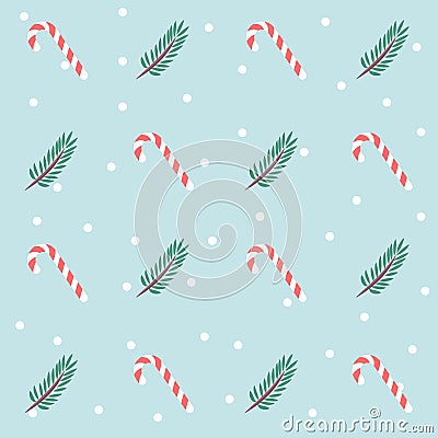 Seamless Pattern with Christmas Flat Icons. Cute vector cartoon Illustration. Candy cane and twig. Vector Illustration