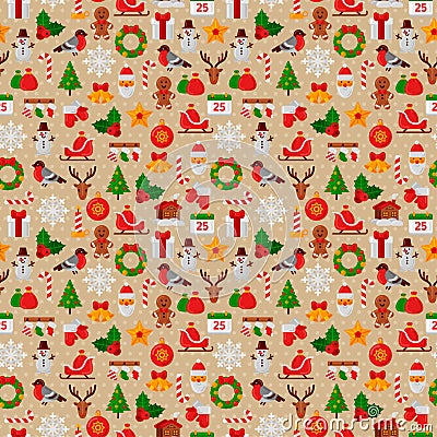 Seamless Pattern with Christmas Flat Icons. Stock Photo