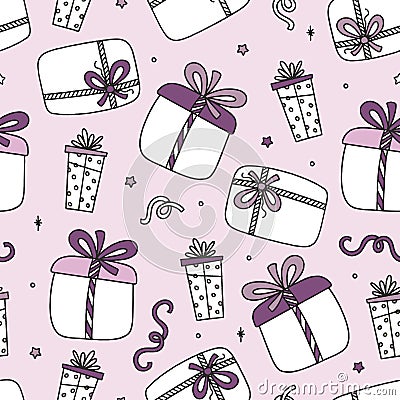 Seamless Pattern of Christmas Gifts on Pink background vector Doodle Christmas Concept Vector Illustration