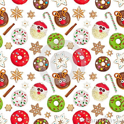 Seamless pattern with christmas ginger cookies, donuts, candy and cinnamon Stock Photo