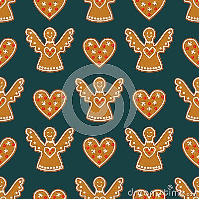 Seamless pattern with Christmas gingerbread cookies - angels and sweet hearts. Vector Illustration