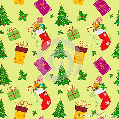 A seamless pattern for Christmas holidays with fir trees and gifts in the style of a flat Vector Illustration