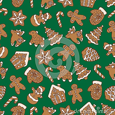 Seamless pattern of christmas homemade gingerbread cookies on green background. Christmas tree, snowflake, deer and snowman. Vecto Vector Illustration