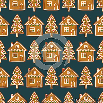 Seamless pattern with Christmas homemade gingerbread cookies - Xmas tree and cute house. Vector Illustration