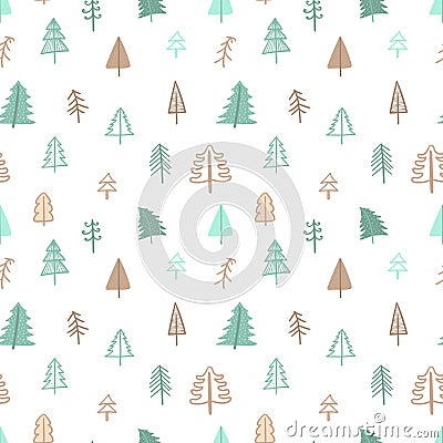 Seamless pattern for Christmas and New Year. Hand-drawn vector illustration of trees in beige and green tones. Cartoon Illustration