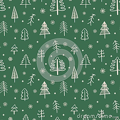 Seamless pattern for Christmas and New Year. Hand-drawn vector illustration of trees and snowflakes in beige on a green background Cartoon Illustration