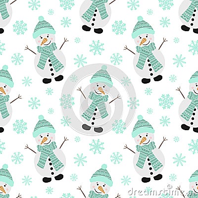 Seamless pattern for Christmas and New Year. Vector hand-drawn illustration of a merry snowman in a scarf and hat with blue snowfl Cartoon Illustration