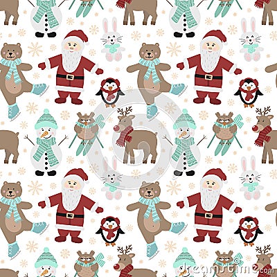 Seamless pattern for Christmas and New Year. Vector hand-drawn illustration of Santa, owls on skis, a bear on skates, a hare, a pe Cartoon Illustration