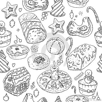 Seamless pattern with christmas pastry. Endless texture for festive design, restaurant and cafe menu, decoration. Black and white Stock Photo