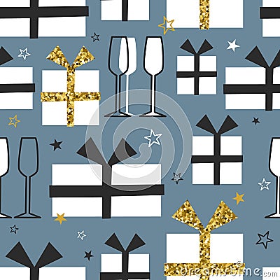Seamless pattern, christmas presents, glasses for champagne, stars Vector Illustration