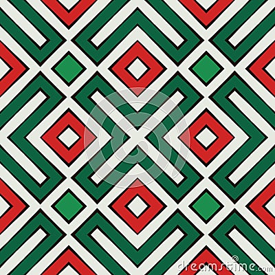 Seamless pattern in Christmas colors. Ethnic and tribal motif. Repeated geometric forms. Colorful ornamental background Vector Illustration
