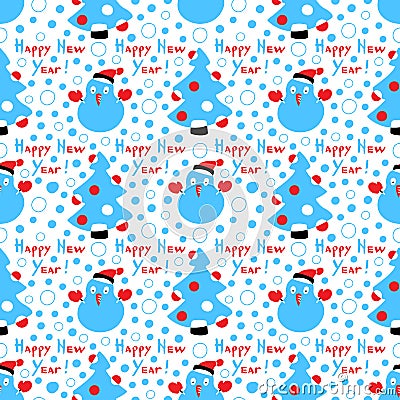 Seamless pattern of Christmas tree, confetti, red Christmas balls, snowman and snowfall. Collection of Happy New Year calligraphy Cartoon Illustration