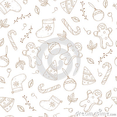 Seamless pattern with christmas tree, gingerbread man, sock, ball, caramel cane, decorative elements. vector. hand drawing. Vector Illustration