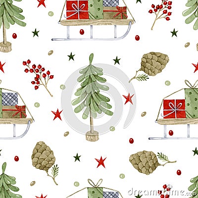 Christmas tree and gifts on sledge seamless pattern watercolor background Stock Photo