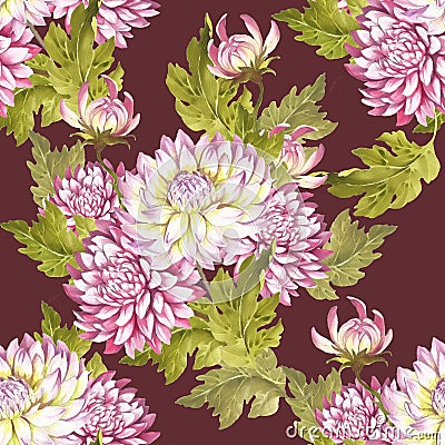 Seamless pattern with chrysanthemums. Hand draw watercolor illustration. Cartoon Illustration