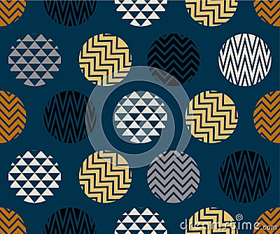 Seamless pattern with circle of zigzag lines, gold, blue and black color on dark blue background Stock Photo