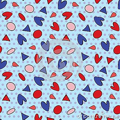 Seamless pattern with circles, triangles and hearts romantic elements on the sky blue background. . Vector Illustration