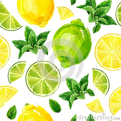 Seamless pattern with citrus fruits. Lime, lemon and mint Vector Illustration